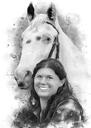 Portret de caricatură cu cap și umeri de călăreț în acuarelă alb-negru pentru cadou ecvestru personalizat