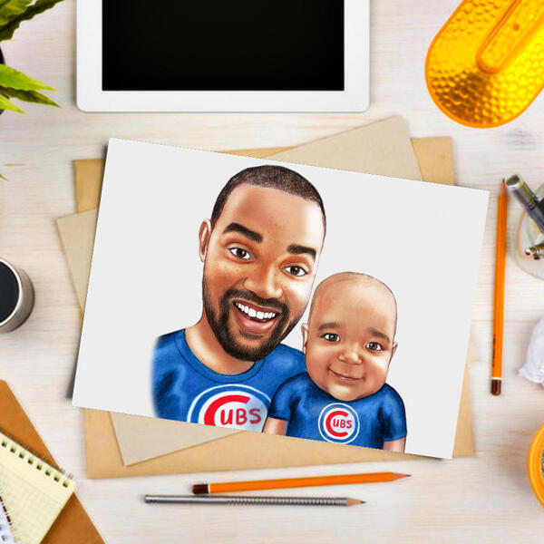 Dibujo de caricatura personalizada de padre con niño sobre fondo blanco como impresión de póster