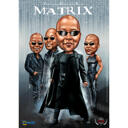 Värillinen kokovartalokarikatyyri valokuvista mukautetulla taustalla Matrix-faneille