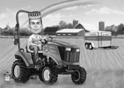 Caricatura de hombre con tractor en blanco y negro