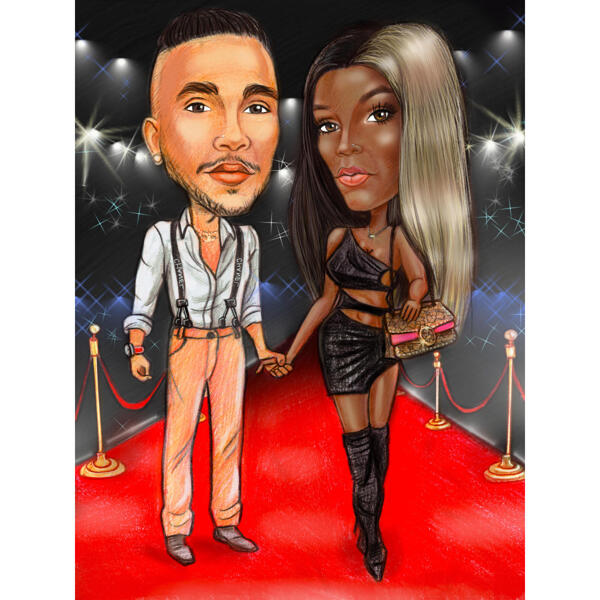 Red Carpet Couple Caricature in Color Style from Photo