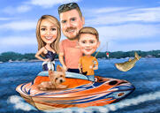 Caricatura exagerada de grupo com animais de estimação em barco