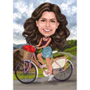 Karikatuur van een vrouw op een fiets met een aangepaste achtergrond