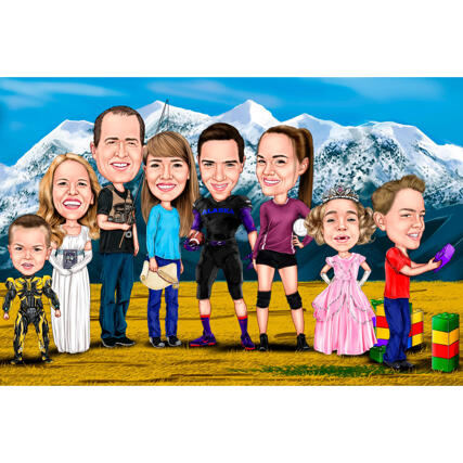 Extended Family Caricature on Custom Background from Photos
