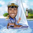 Caricatură Marinar pe Barcă - Degetul Mare în Sus