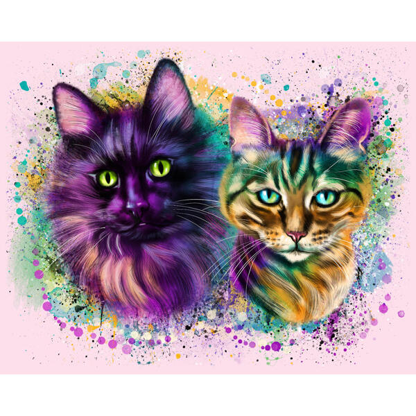 Карикатурный портрет пары кошек в стиле акварели с одноцветным фоном