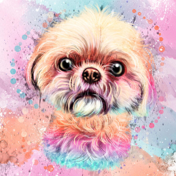 Забавный акварельный пастельный карикатурный портрет собаки с фотографии на цветном фоне