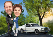 Caricatura colorida de casal com veículo e fundo personalizado