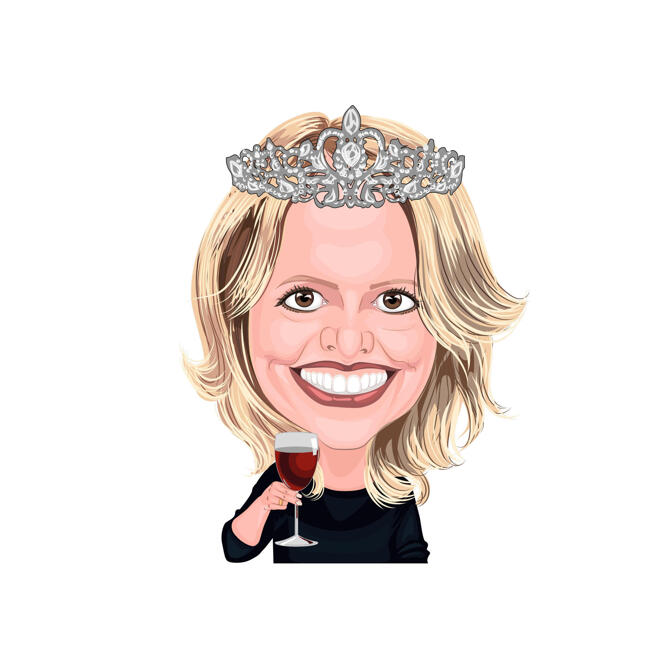 Woman with Tiara Wine Lover Caricature Gift in Colored Style from Photos