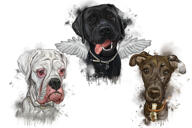 Skupina psů portrét kreslený akvarel přírodní odstín stínování z fotografií