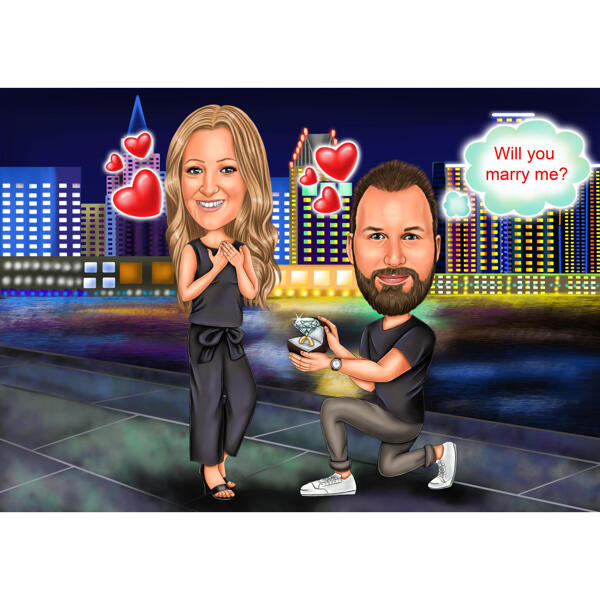 Proposal Couple Caricature with Diamond Ring on Night City Background