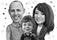 Koppel met babyportretkarikatuur van foto's getekend in zwart-witstijl