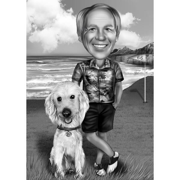 Persona con animale domestico in vacanza - Caricatura in bianco e nero da foto