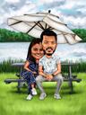 Caricatura de pareja en un banco de parque con fondo de naturaleza