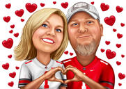 Par som gör handhjärta romantisk karikatyr från foton med enfärgad bakgrund