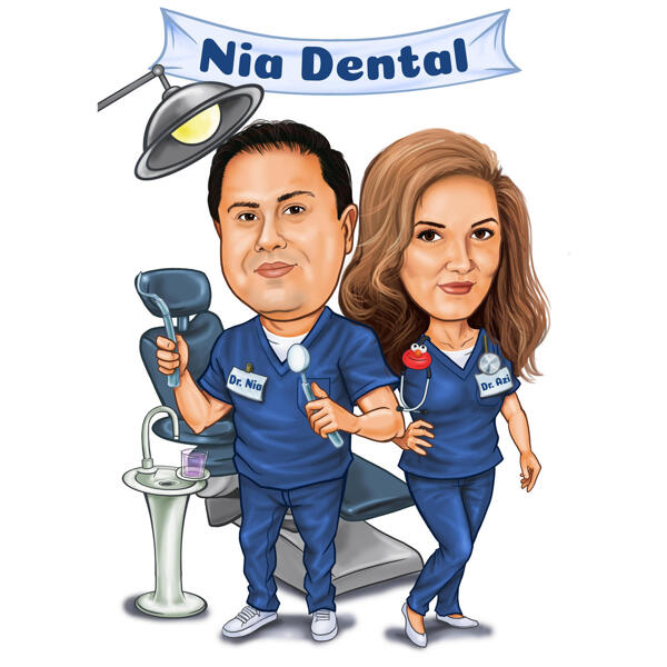 كاريكاتير الأسنان من زوجين من الأطباء لشعار الأسنان
