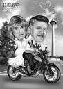 زوجين على دراجة نارية كاريكاتير هدية في نمط أبيض وأسود مع خلفية مخصصة