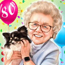 Regalo di caricatura di persona di compleanno 80 ° anniversario con sfondo di palloncini