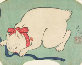 10. "Un gato blanco jugando con una cuerda" de Utagawa Hiroshige II (1863)-0