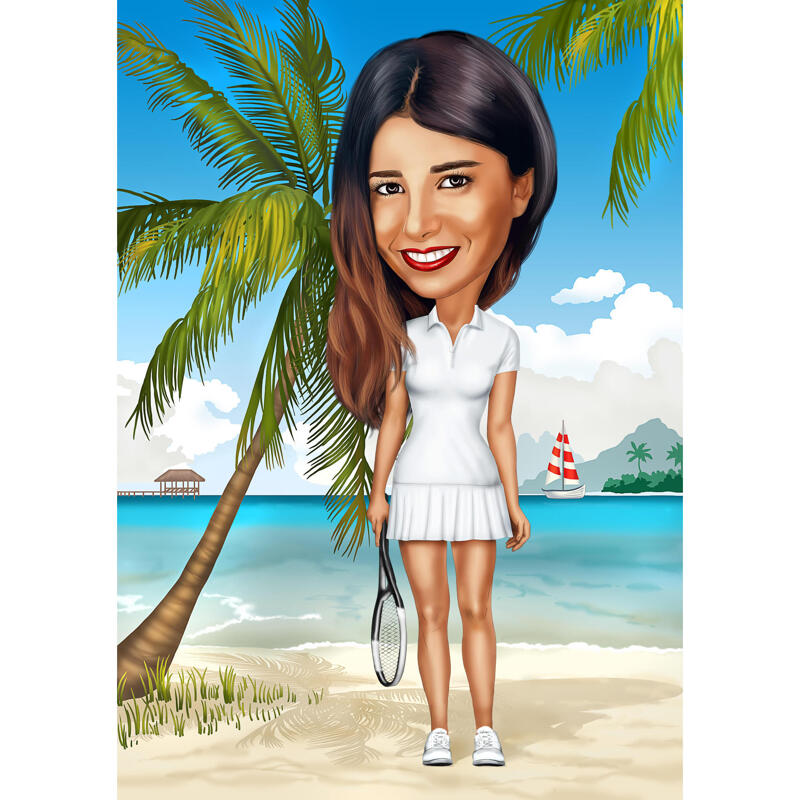 Tennis Girl Colored Caricature with Beach Background from Photos
