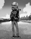 Человек с домашним животным в отпуске - Черно-белая карикатура по фотографиям