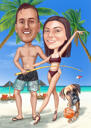Couple with Pet on Vacation in Colored Caricature Hand-Drawn from Photo