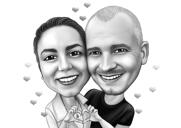 Caricatura de pareja mostrando la mano y el corazón en estilo blanco y negro