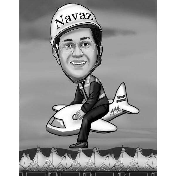 Personenkarikatur, die Flugzeug im Schwarzweiss-Stil mit Hintergrund reitet