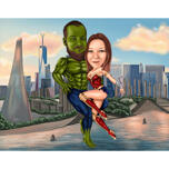 Superheldenpaar mit Stadthintergrund