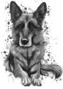 Trækul helkropsportræt af schæferhund i sort og hvid stil fra foto