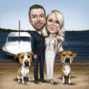 Paar op zeilboot, karikatuur gebaseerd op foto's