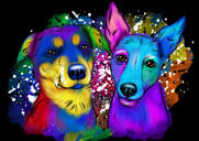 Paar koera karikatuurportree akvarelli stiilis mustal taustal