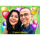 Regalo d'arte di anniversario di caricatura di coppia personalizzata con sfondo di palloncini