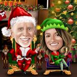 Santa Claus and Elf Caricature with Christmas Tree Background