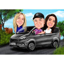 Group Persons Cartoon Caricature Traveling by Bus with Custom Background