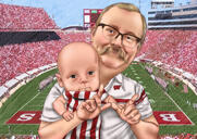 Father and Kid Caricature in Favorite Baseball Team Uniform