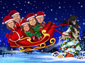 Christmas Card - Family in Santa's Sleigh with Pets