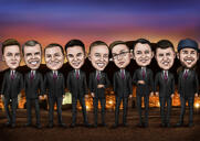 Dibujo de caricatura de padrinos de boda con fondo de puente