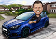Man in auto karikatuur geschenk van foto's: nieuw baangeschenk