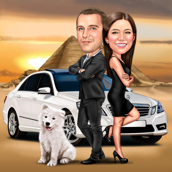 كامل الجسم زوجين مع كاريكاتير الحيوانات الأليفة وسيارة مع خلفية مخصصة