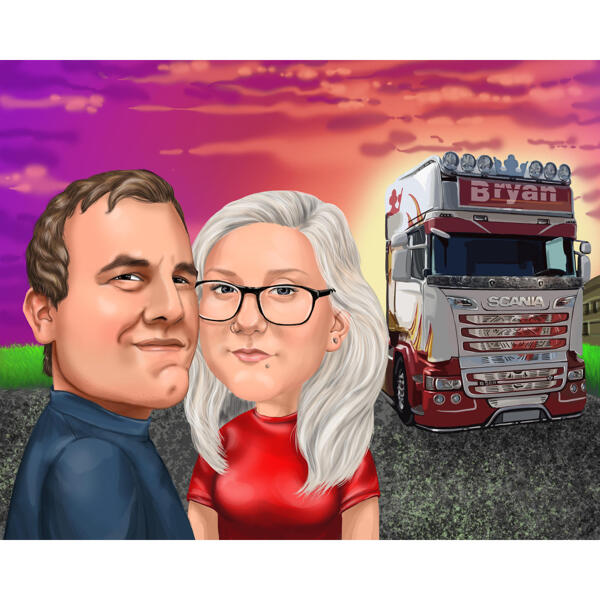 Couple with Truck Caricature Drawing in Colored Style on Custom Background