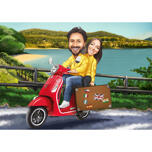 Paar, das mit dem Motorrad reist Farbige Karikatur mit individuellem Hintergrund