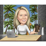 Caricatura de oficina con escritorio, computadora portátil y café para regalo de oficina personalizado