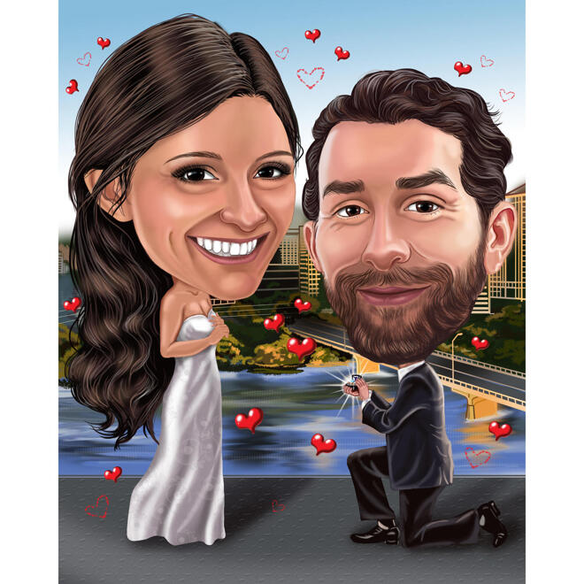 Engagement Couple Caricature with Gem on Custom Background for Proposal
