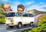Kop en schouders koppel in een karikatuur van elk voertuig met aangepaste achtergrond