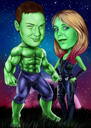 Flying Couple Caricature as Superheroes