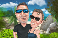 Caricatura di coppia in stile colore da foto su sfondo paesaggistico
