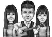 Caricatura in stile bianco e nero del padre con le figlie dalle foto