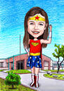 Цветная карикатура ребенка в образе супер героя с фотографии.