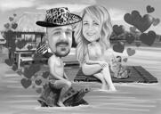 Celotělová přehnaná karikatura páru v černé a bílé